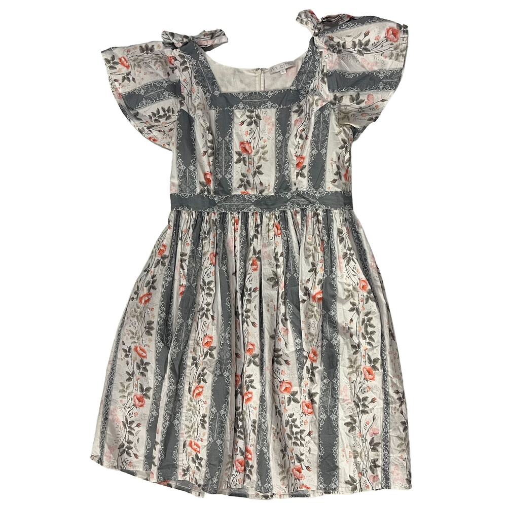 Ivy City Co Floral Stripe Dress Square Neck Tie Shoulder Gray Cottagecore L